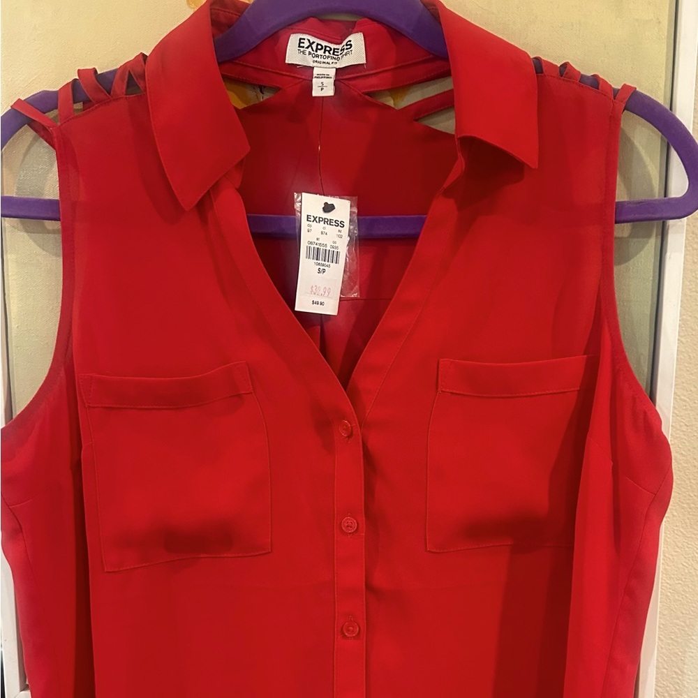 Express Red Sleeveless Button Down Blouse